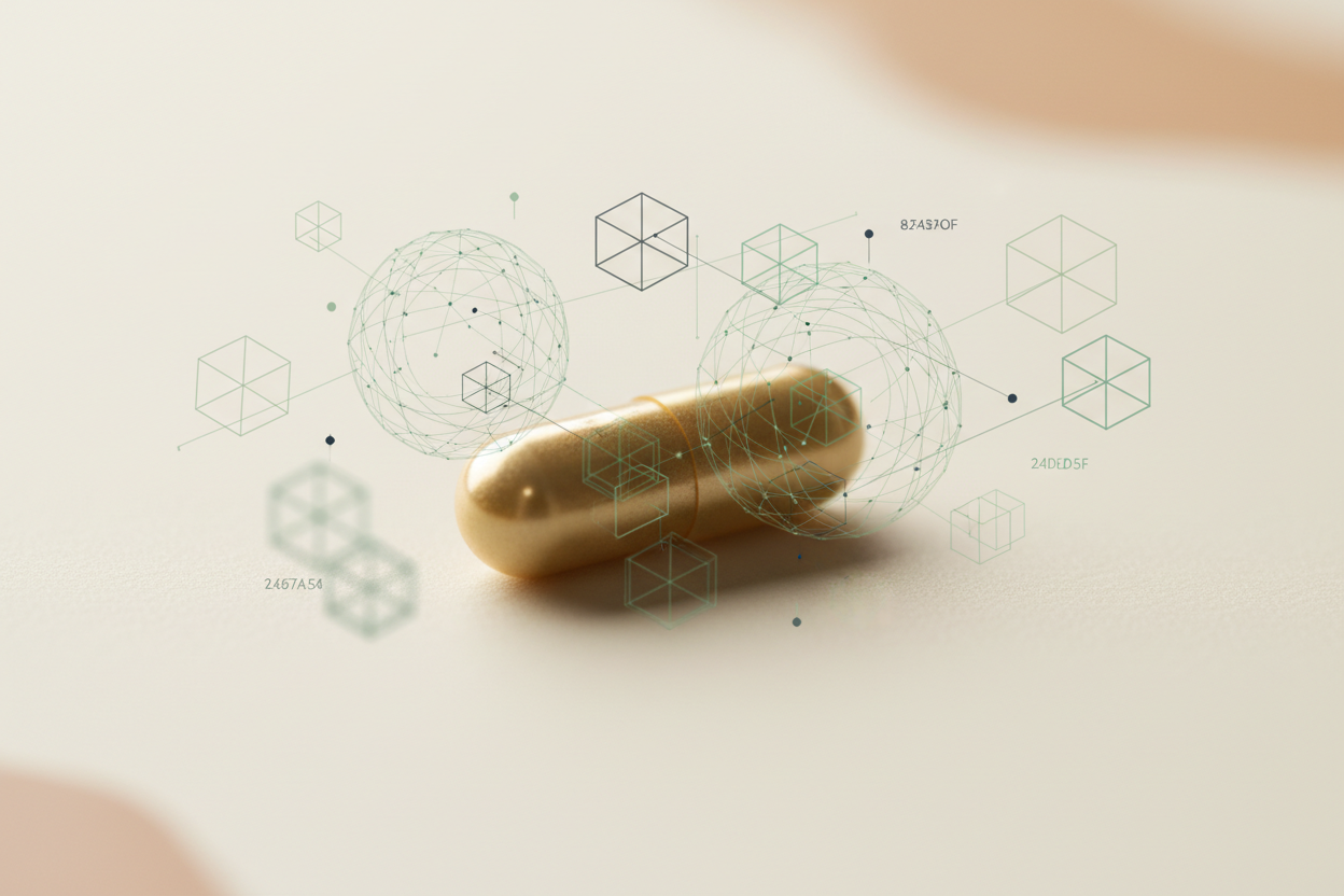 A macro artistic close-up of a golden supplement capsule resting on a smooth, matte ivory surface. Faint, elegant digital wireframe lines floating near it to represent "Analytics," colored in soft sage and deep charcoal. Style: Abstract, technological, premium, brand colors.

Primary/Contrast: Deep Charcoal (#2A2E2F)
Action/Warmth: Warm Clay (#C47A5A)
Wellness/Nature: Soft Sage (#8FA9A3)
Backgrounds: Ivory (#FBF8F4) & Warm Sand (#E6DED3)