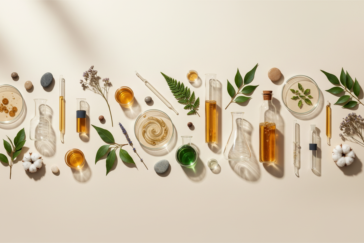 Clean, warm, premium wellness landscape image for Shopify. Soft neutral background (Ivory or Warm Sand) with subtle brand accents (Deep Charcoal, Warm Clay, Soft Sage). Soft natural light, minimal and elegant composition flowing left to right across the image for seamless. Focus on [INSERT SUBJECT – e.g., product process, lifestyle, or educational concept], with optional leaves, sunlight, or organic accents for a calm, premium feel.

Dont add branding use a nice scientific feel